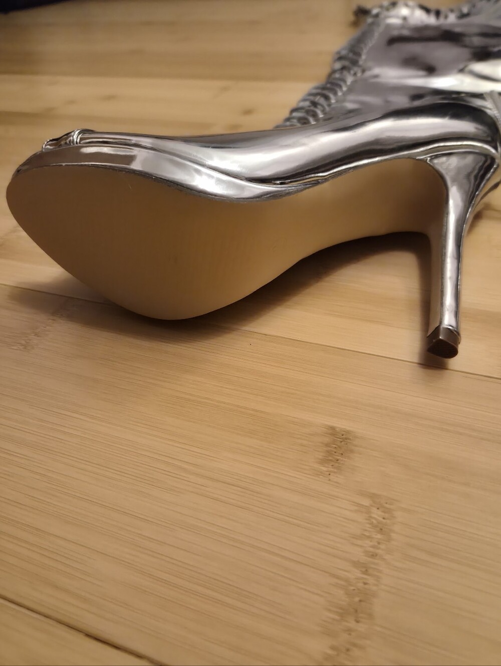 Liliana Silver Metallic Metallic Thigh High Lace Up Peep Toe Stiletto Boots 9 - Picture 8 of 15